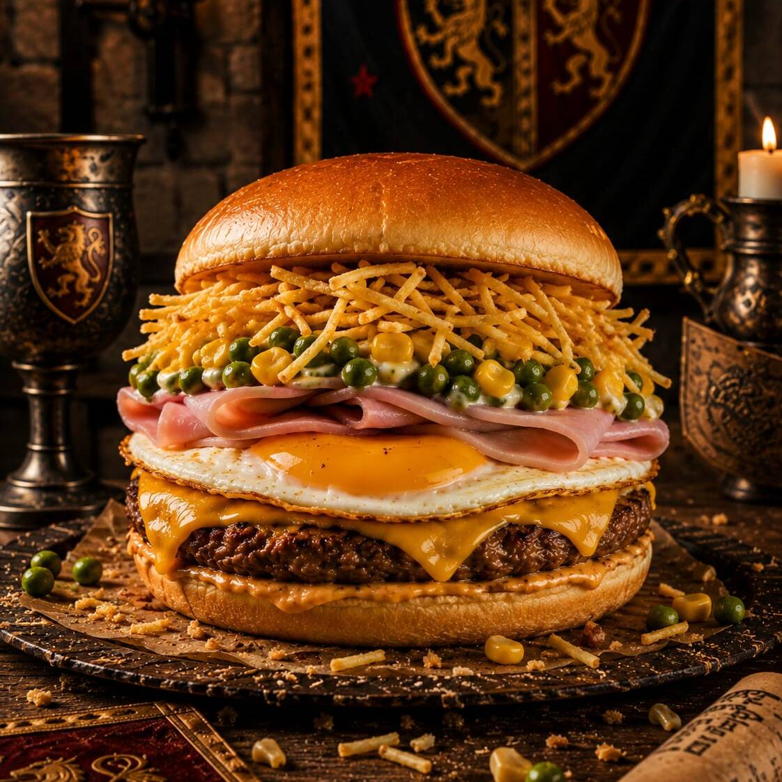 carne, cheddar cremoso, presunto, ovo, Bacon, milho, ervilha, batata palha e molho especial (OBS NÃO É ARTESANAL. É MATA FOME)