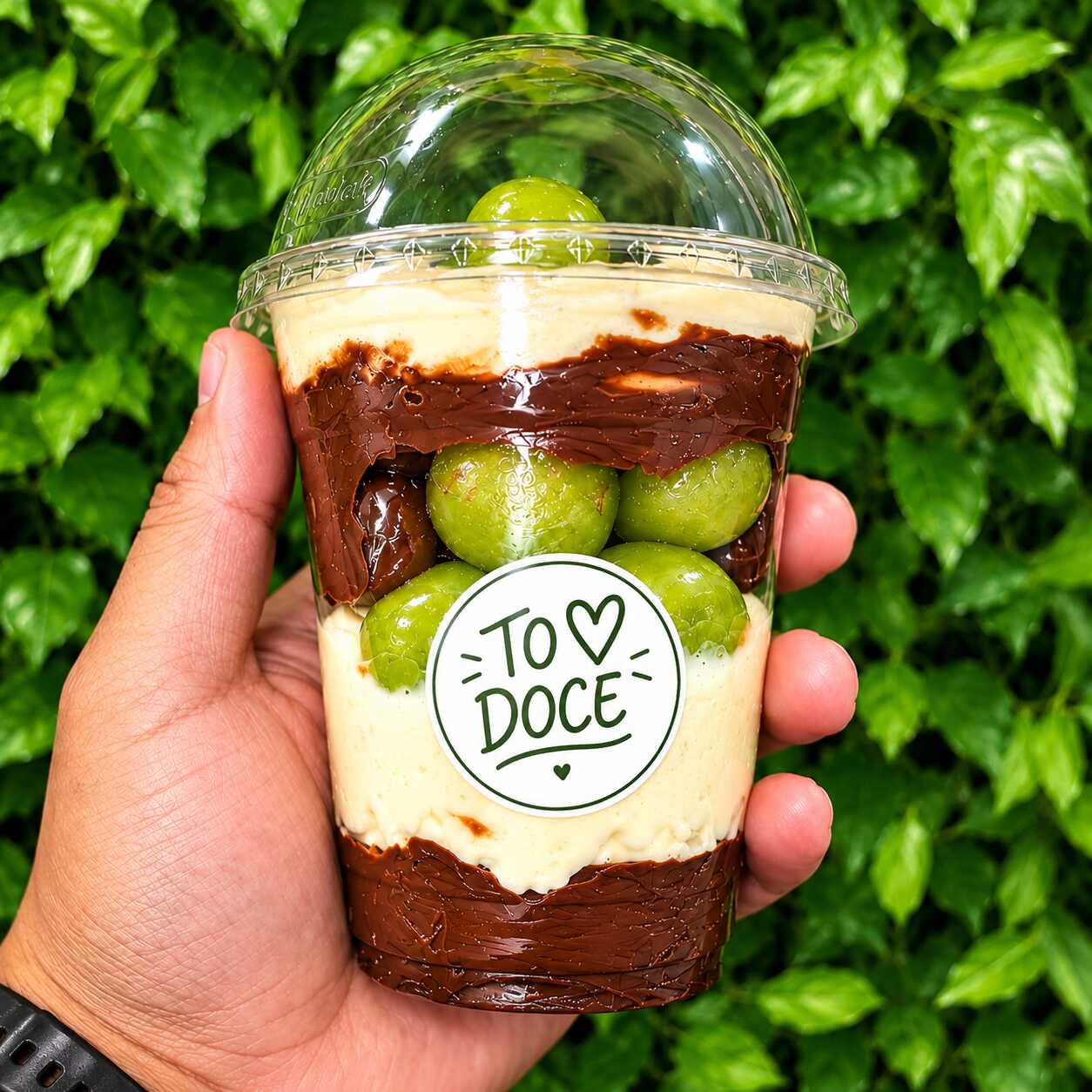 Uvas verdes sem semente, fresquinhas e suculentas, combinadas com o sabor intenso do brigadeiro 50% e a cremosidade irresistível do creme de Ninho. Uma mistura perfeita entre o frescor da uva, o chocolate e aquele toque delicadamente doce do Ninho que faz você querer mais a cada camada.