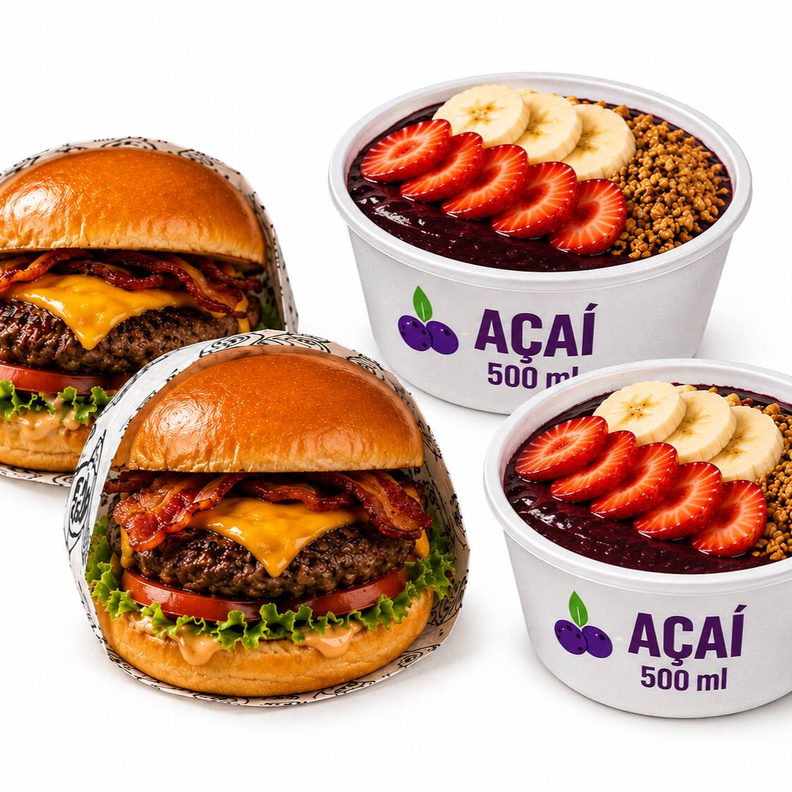 🍔💜 COMBO DOS SONHOS! 💜🍔
2 hambúrgueres Com carne de hambúrguer + salada deliciosos + 2 açaís no pote de 500 ml com aquele toque especial de amendoim torrado, leite ninho, leite condensado e granola! 😍
Uma combinação perfeita para quem ama comer bem e sem economizar no sabor. 🤤
🔥 Peça agora e aproveite! *Por tempo limitado*