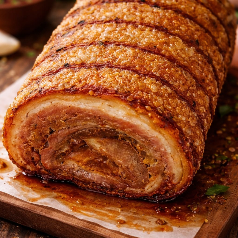 Panceta assada no Rolo Pururuca (800g) — sabor e crocância na medida certa. Preparada com o exclusivo tempero da Chef Gabito, apresenta carne extremamente suculenta e macia, envolvida por uma pele pururuca dourada e irresistivelmente crocante. Uma porção equilibrada, marcante e perfeita para quem busca uma experiência intensa em cada mordida. 🐖✨