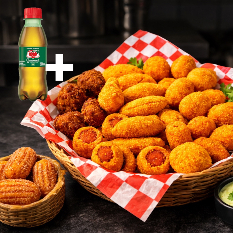 Tá na Mão: 15 salgadinhos variados (25g cada), 5 churros recheados (25g cada) e 1 Coca-Cola 350ml. Salgados e churros maiores que a média, feitos com ingredientes de qualidade e fritos em gordura vegetal especializada — ficam sequinhos, crocantes e sem gosto forte de óleo. Uma experiência completa, feita com carinho pra você matar a fome com muito sabor!