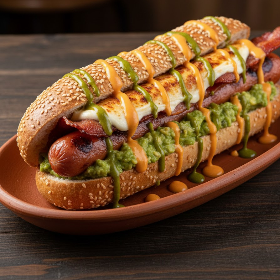 Pão estilo baguete com gergelim, 2 salsichas, bacon, guacamole, queijo mussarela, molho especial verde e cheddar