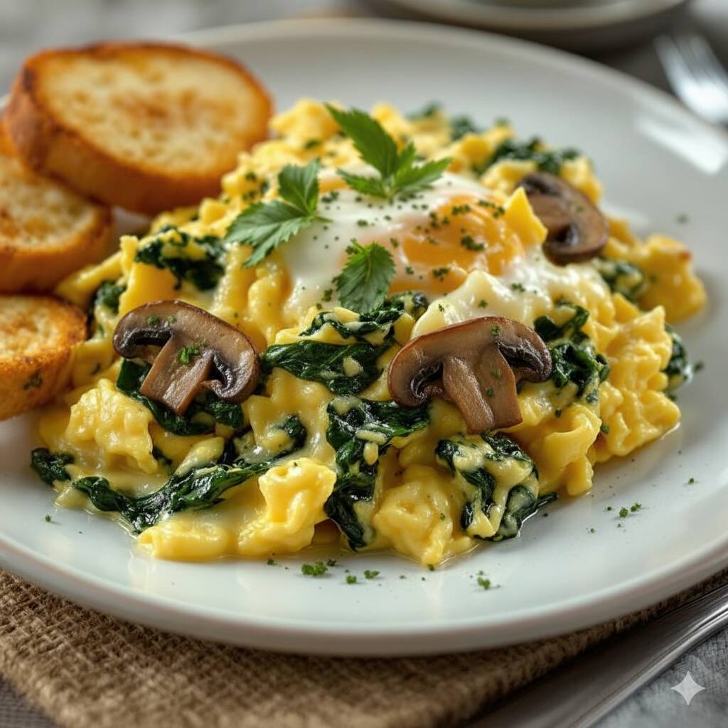 Huevos del Bosque con Espinacas y Champiñones