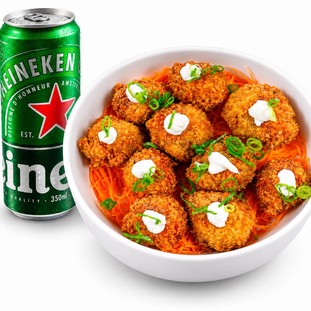 Como Heineken 350 ml + 10 bolinha (Salmão grelhado, batata doce, Mix de Gergelim, Cream cheese, shoyu e cebolinha, envolvidos empanados e fritos).