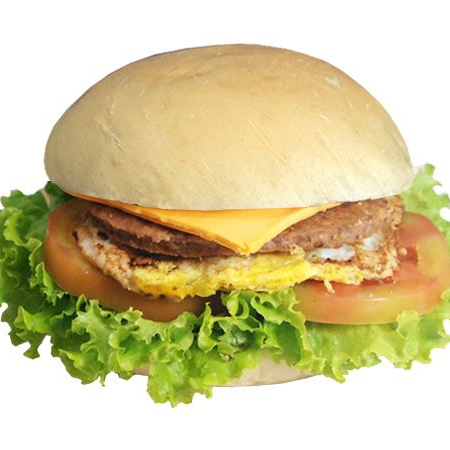 Pão com gergelim, ovo, queijo, presunto, tomate e molho.