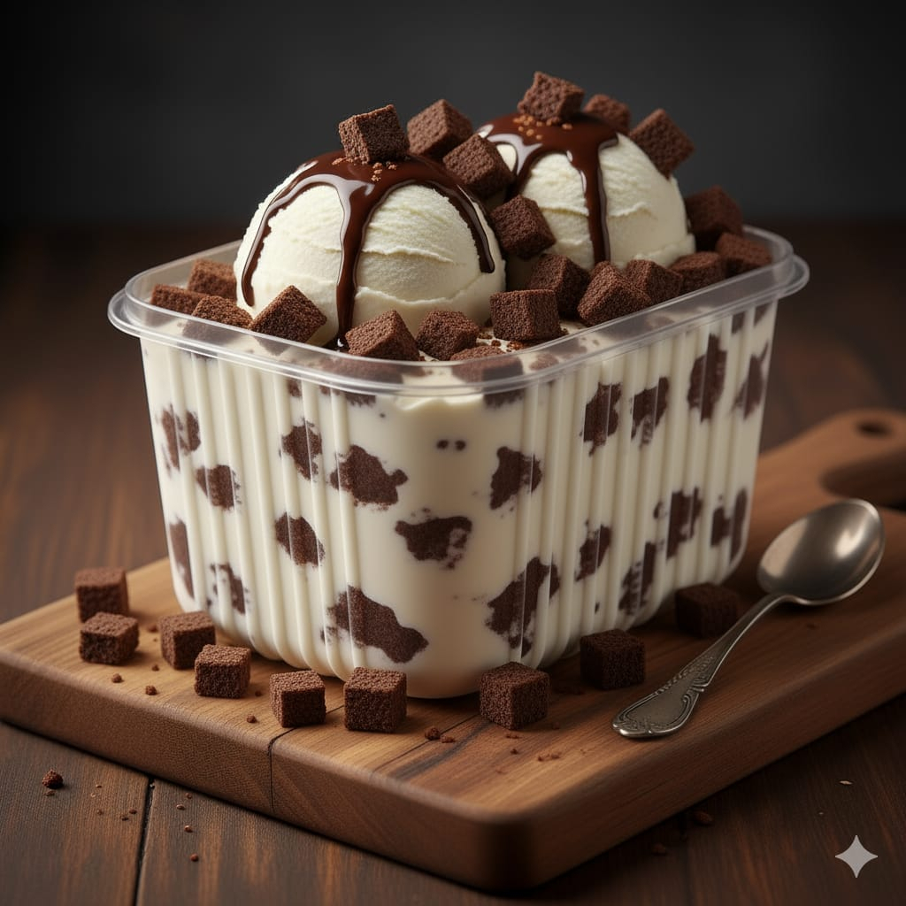 Nosso sorvete artesanal de chocolate branco cremoso é preparado com ingredientes selecionados e pedaços generosos de brownie artesanal. (Imagem meramente ilustrativa)