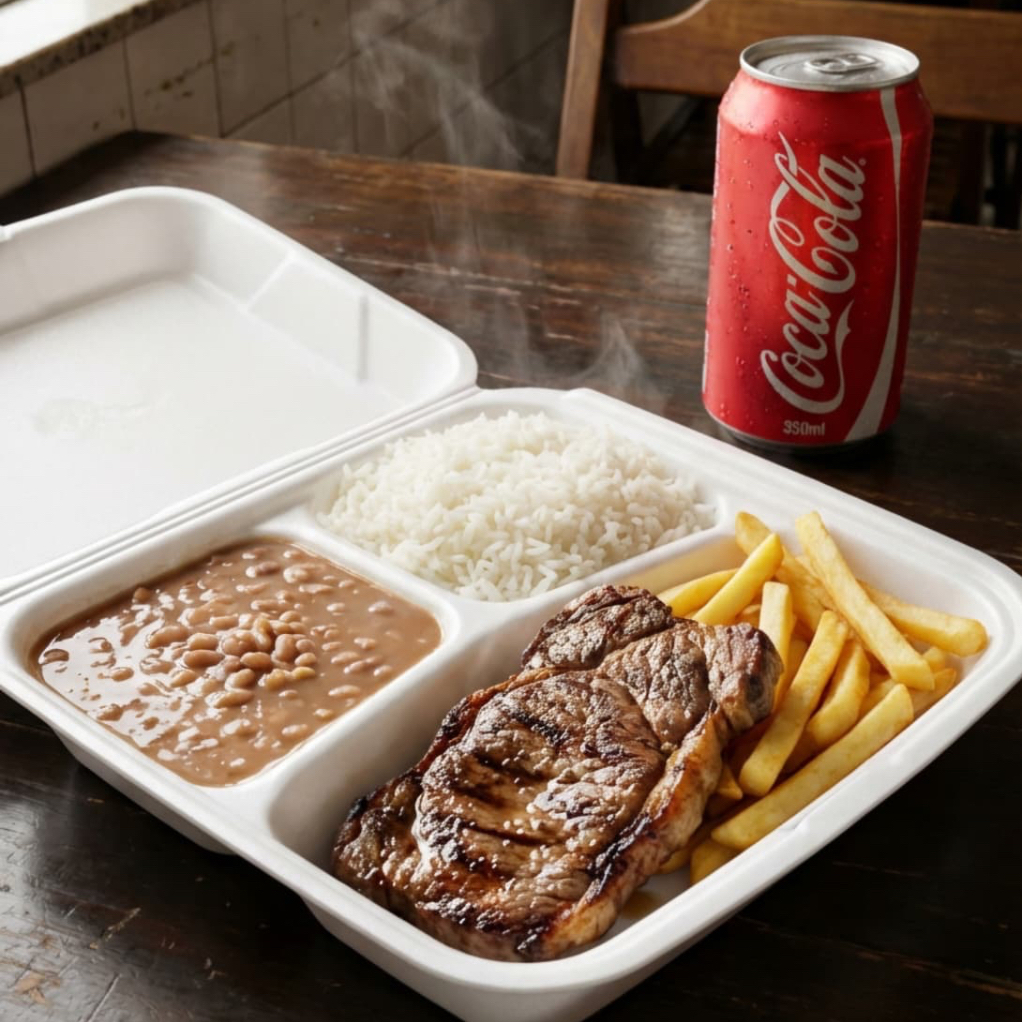 Acompanha arroz soltinho, feijão bem temperado, batata frita dourada e crocante e Coca-Cola 350ml bem gelada.