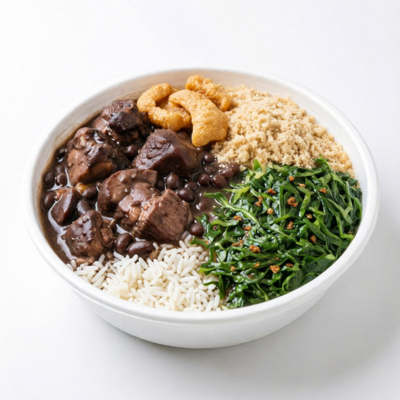 -Feijoada magra individual com arroz, farofa, couve refogada e pururuca. -Marmita de 550ml
