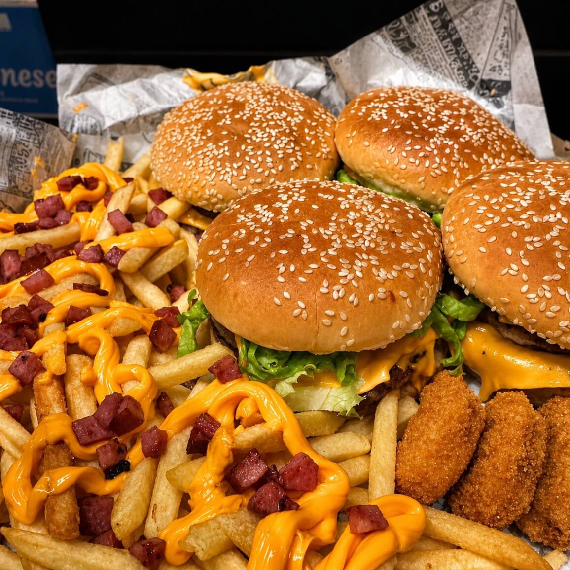 Caixa de Hamburguer com 4 Duplo cheddar + Batata com Calabresa, Bacon e Queijo Derretido + Porção de Nuggets