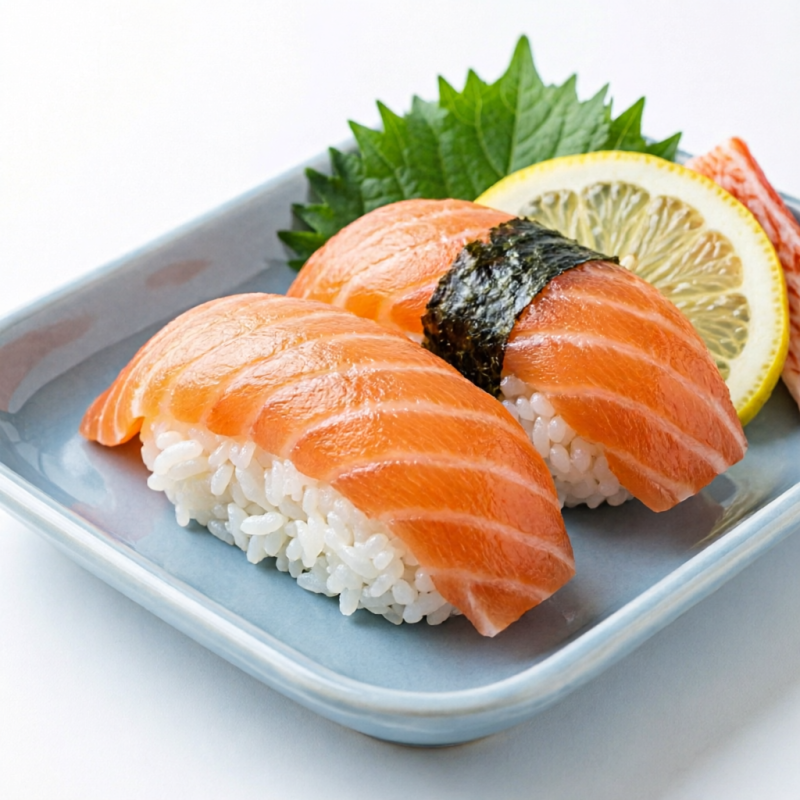 Base de arroz modelado com fatia de salmão, limão, nori e Kani.