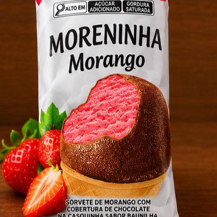 Delicioso sorvete de morango com cobertura de chocolate e casquinha sabor baunilha. Uma explosão de sabor a cada mordida!
