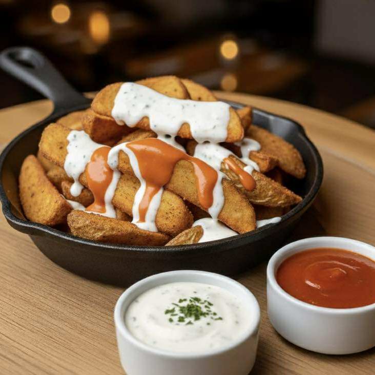 Orden Papas Gajo Bañadas con Salsa Buffalo y Ranch