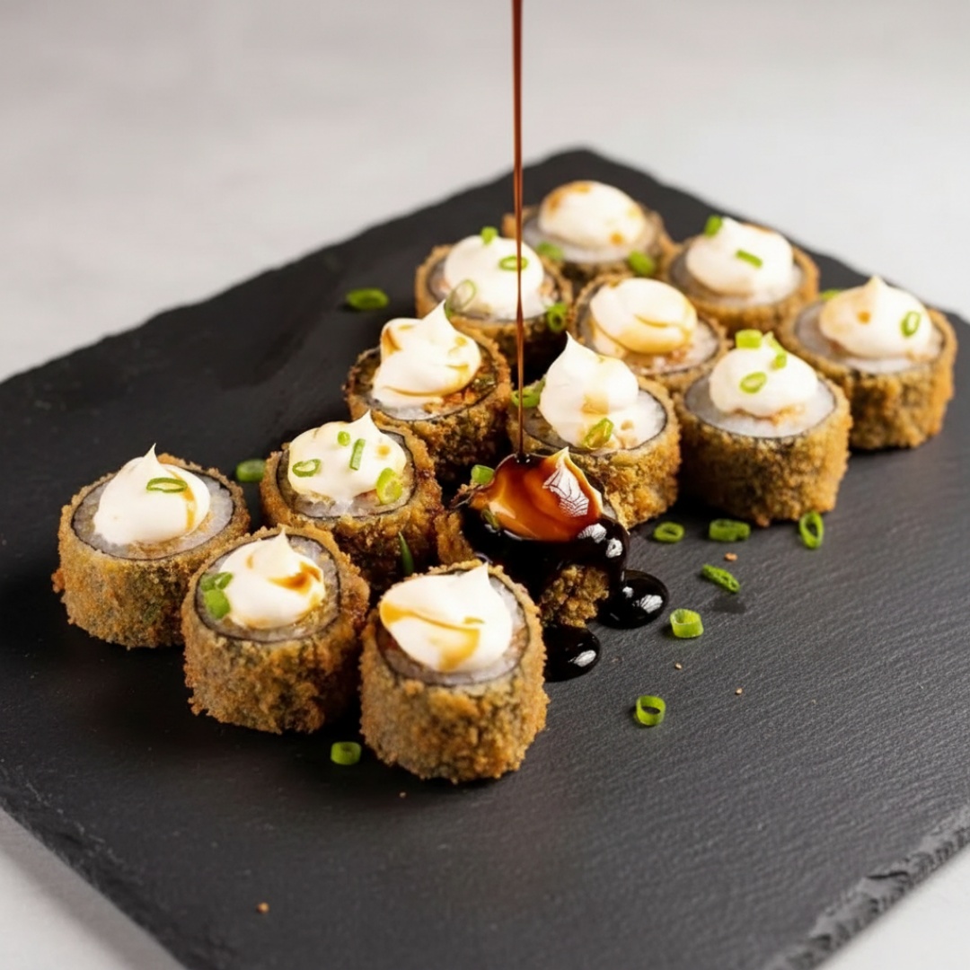 10 Unidades de Hot Rolls de salmão com cream cheese, coberto com cream cheese, tarê, cebolinha e gergelim. *Acompanha molho shoyu e tarê (Quantidade proporcional aos produtos adquiridos).