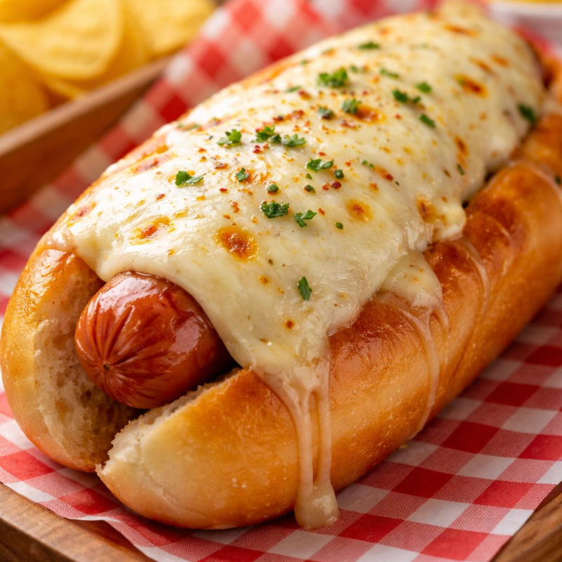 Hot Dog Cheese - 2 Salsichas, molho de tomate, mostarda, maionese caseira, batata palha, purê de batata, muçarela e bacon. Cobertura de queijo.