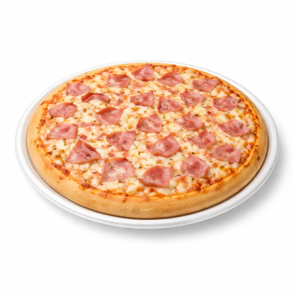 Massa, molho, presunto, cebola, tomate, pimentão, mussarela e orégano. Pizza de presunto GG 35cm 8 fatias.