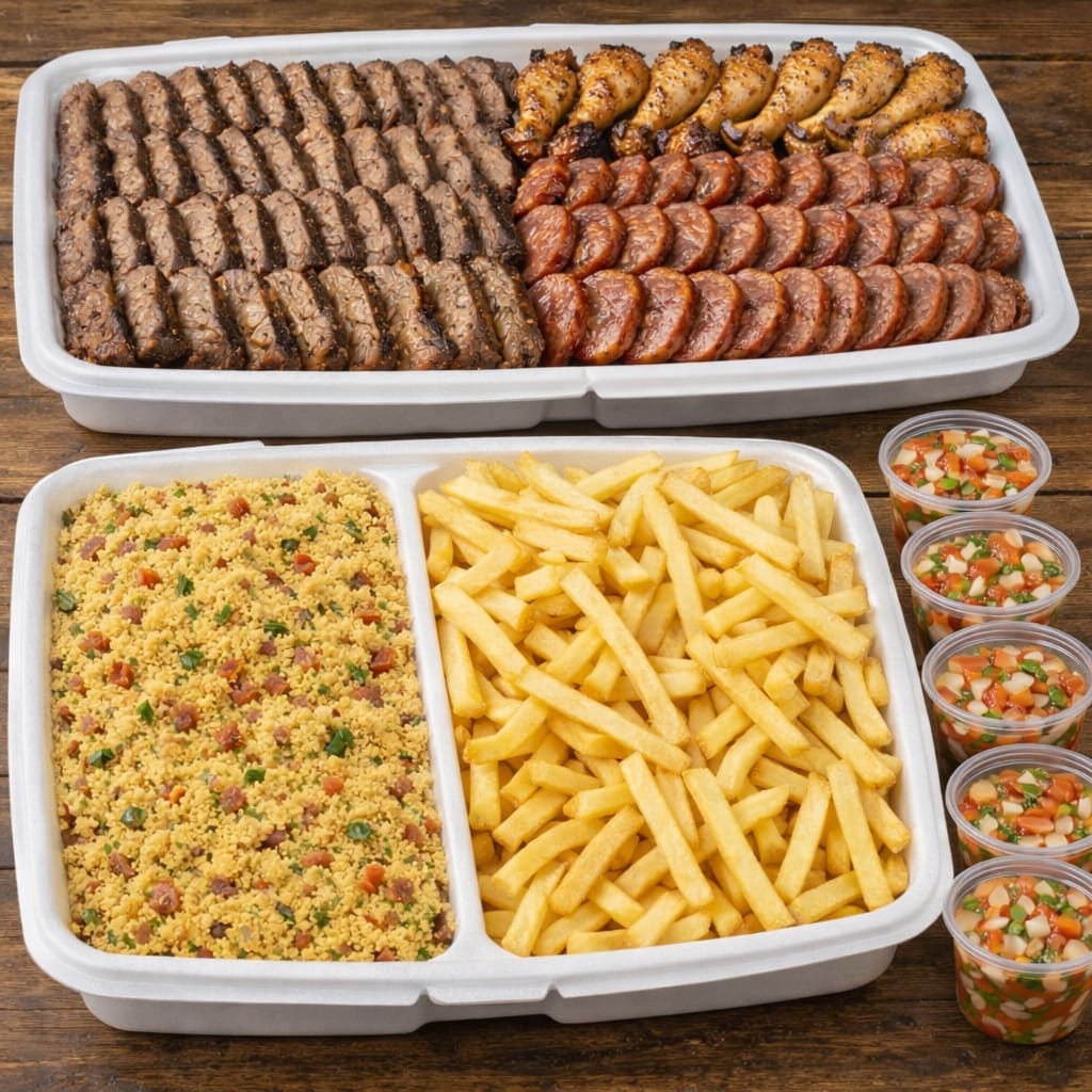 carne de alcatra fatiada, linguiça suína, coxinha da asa de frango, farofa e vinagrete