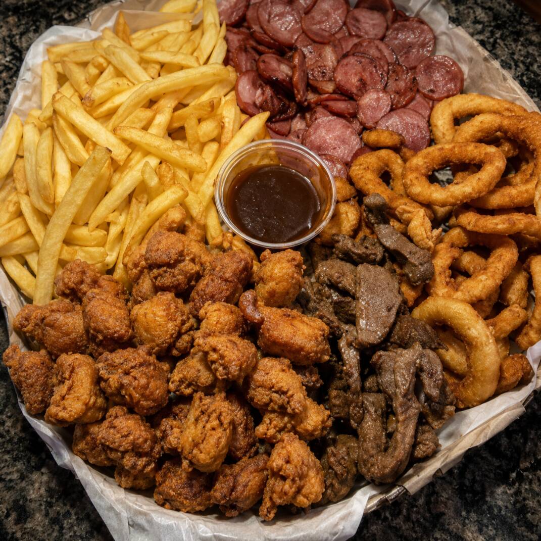 Anéis de cebola, batata frita, calabresa acebolada, contra filé e frango à passarinho.