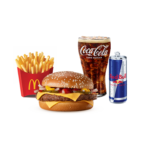 Experimente essa combinação que está irresistível. McOferta Média do Clássico Quarterão com Queijo composta por: Sanduíche Quarterão com Queijo, acompanhamento e bebida + Red Bull 250ml – a clássica combinação de sabor único e energia para te acompanhar em qualquer momento do dia.