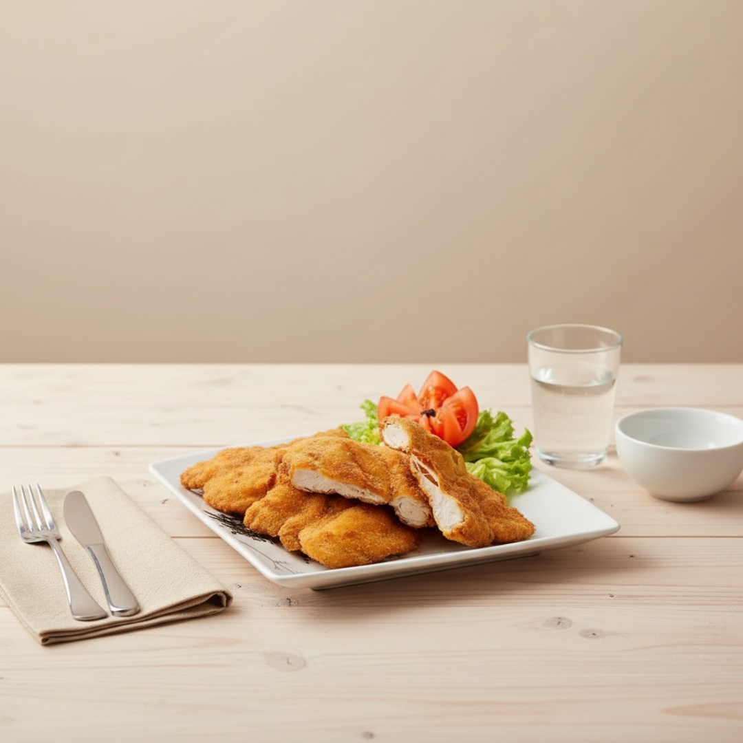 Acompanha Batata frita (400 gr), com muçarela e 2 Filés de Frango empanados