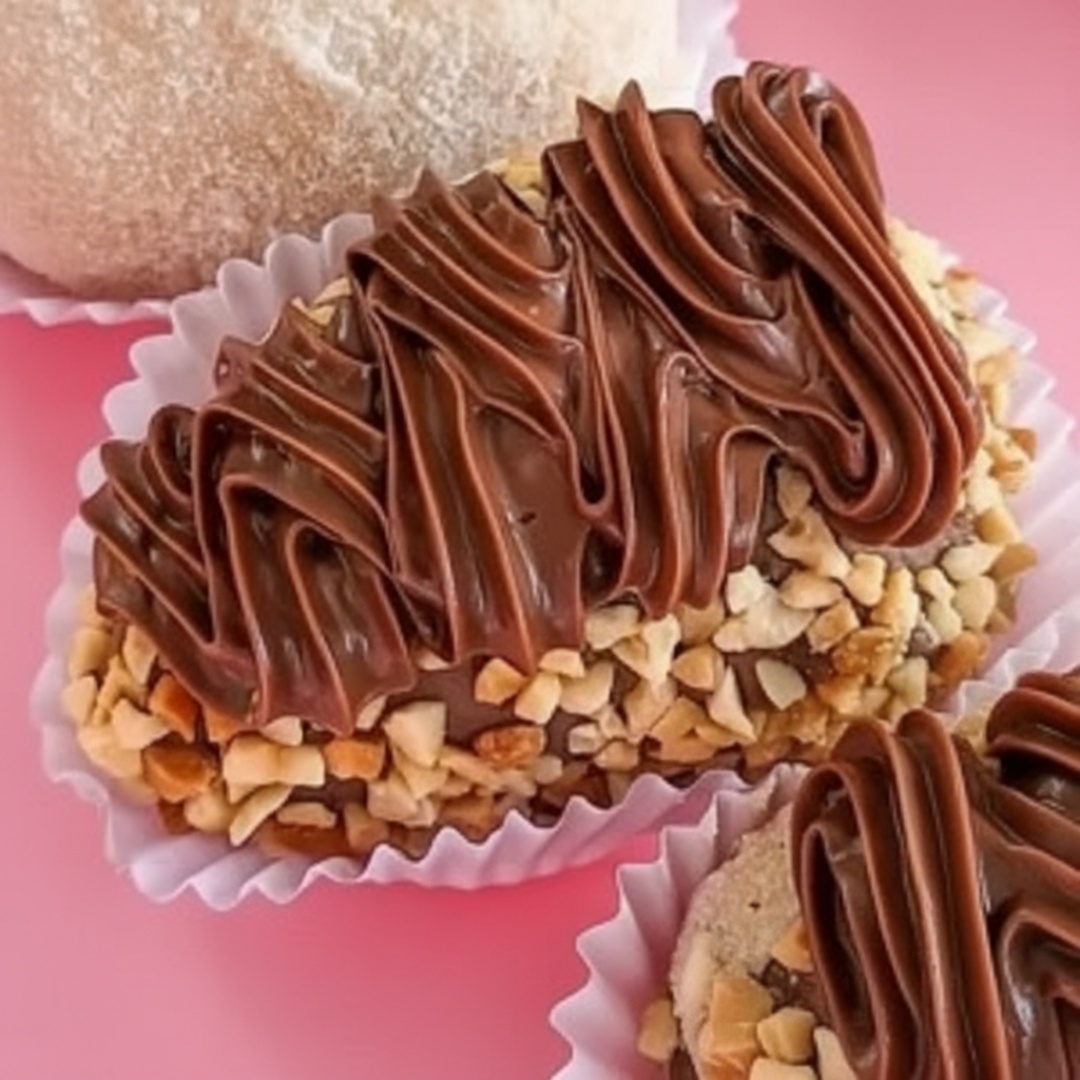 Brigadeiro chocolate belga ao leite, morango fresco finalizado com castanha e Nutella .
