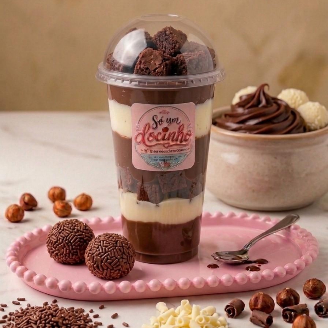 O equilíbrio perfeito! Copo de 250 ml com camadas intercaladas de brigadeiro cremoso de chocolate branco e preto com generosos pedaços de brownie.