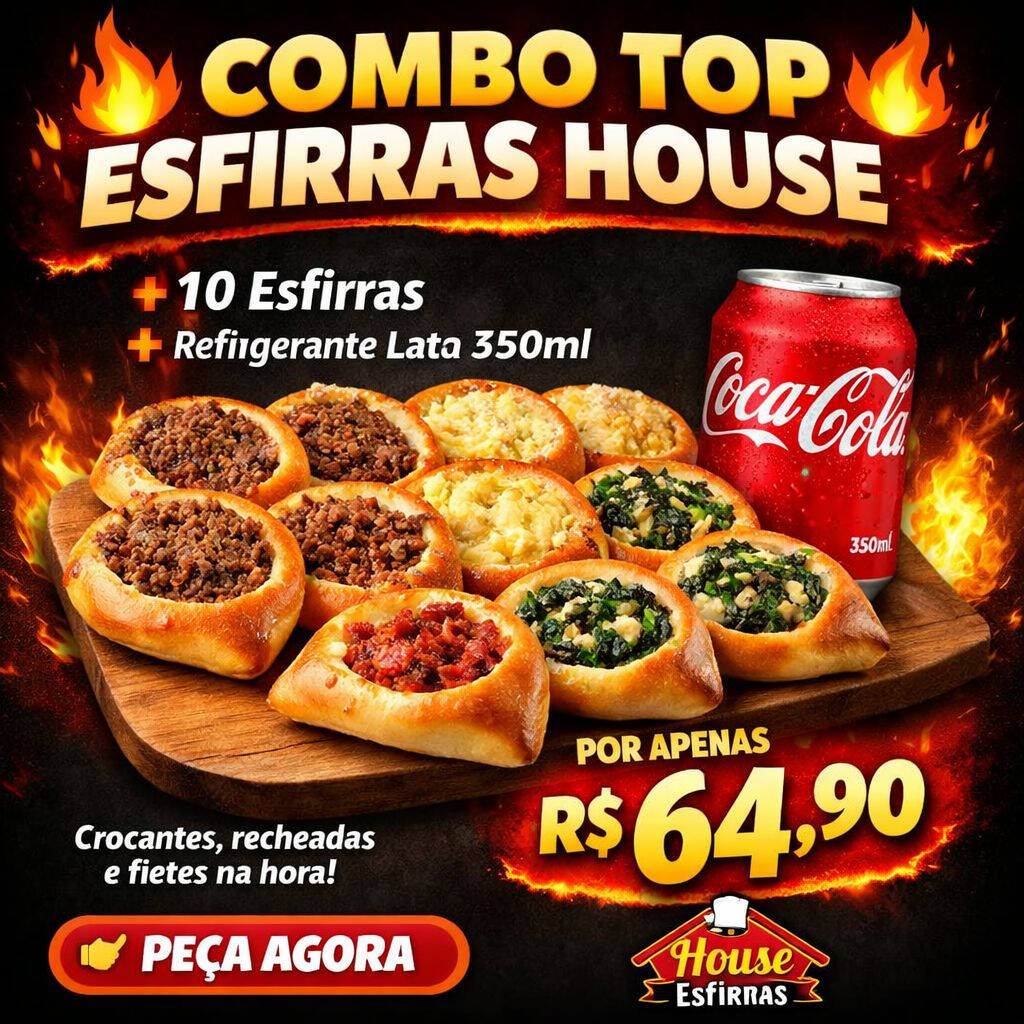2 Esfirras de Frango 2 Esfirras de Presunto 2 Esfirras de Mussarela 2 Esfirras de Carne 2 Esfirras de calabresa