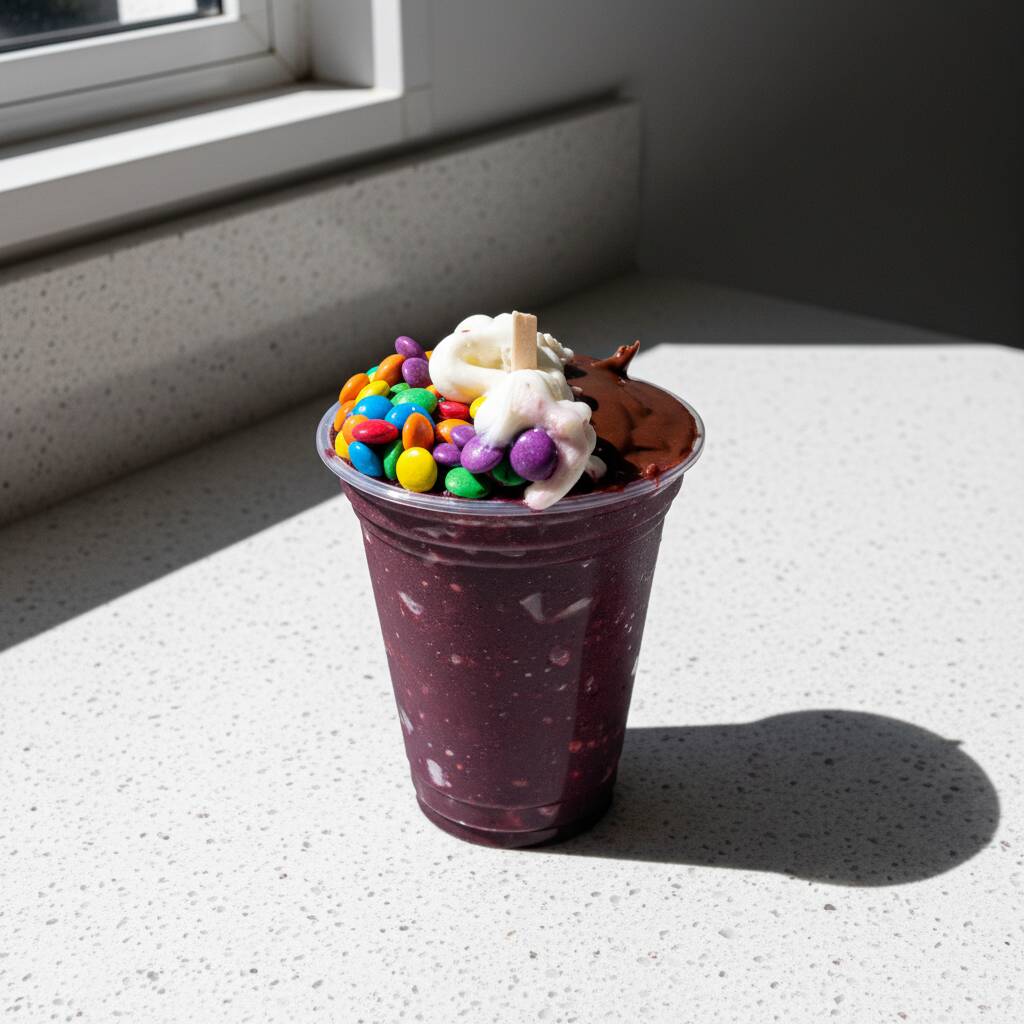 Uma combinação deliciosa de 400ml de açaí cremoso, acompanhada por creme de avelã, creme de Ninho e confetes coloridos, criando uma mistura irresistível de cremosidade, sabor e crocância. Perfeito para quem gosta de uma sobremesa refrescante e cheia de personalidade!