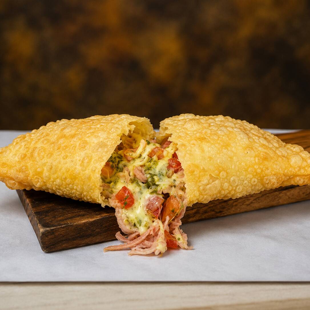 Massa tradicional, recheio de presunto, mussarela, tomate, orégano.