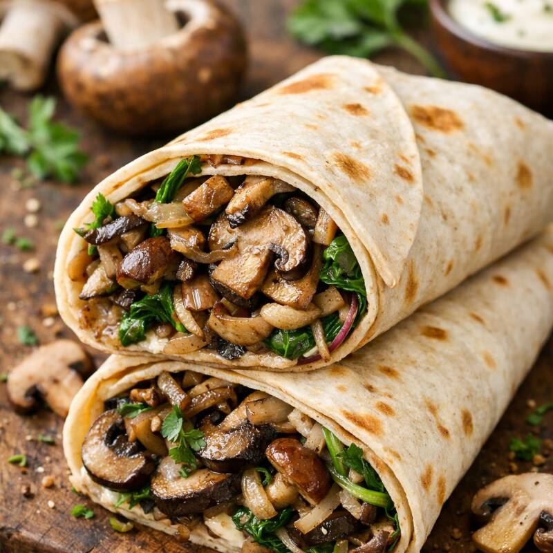 Wrap leve recheado com mix de folhas, cenoura fresca, tomate, mix de cogumelos salteados e pasta de ervas, trazendo frescor, leveza e sabor equilibrado em cada mordida. Proteína 100g