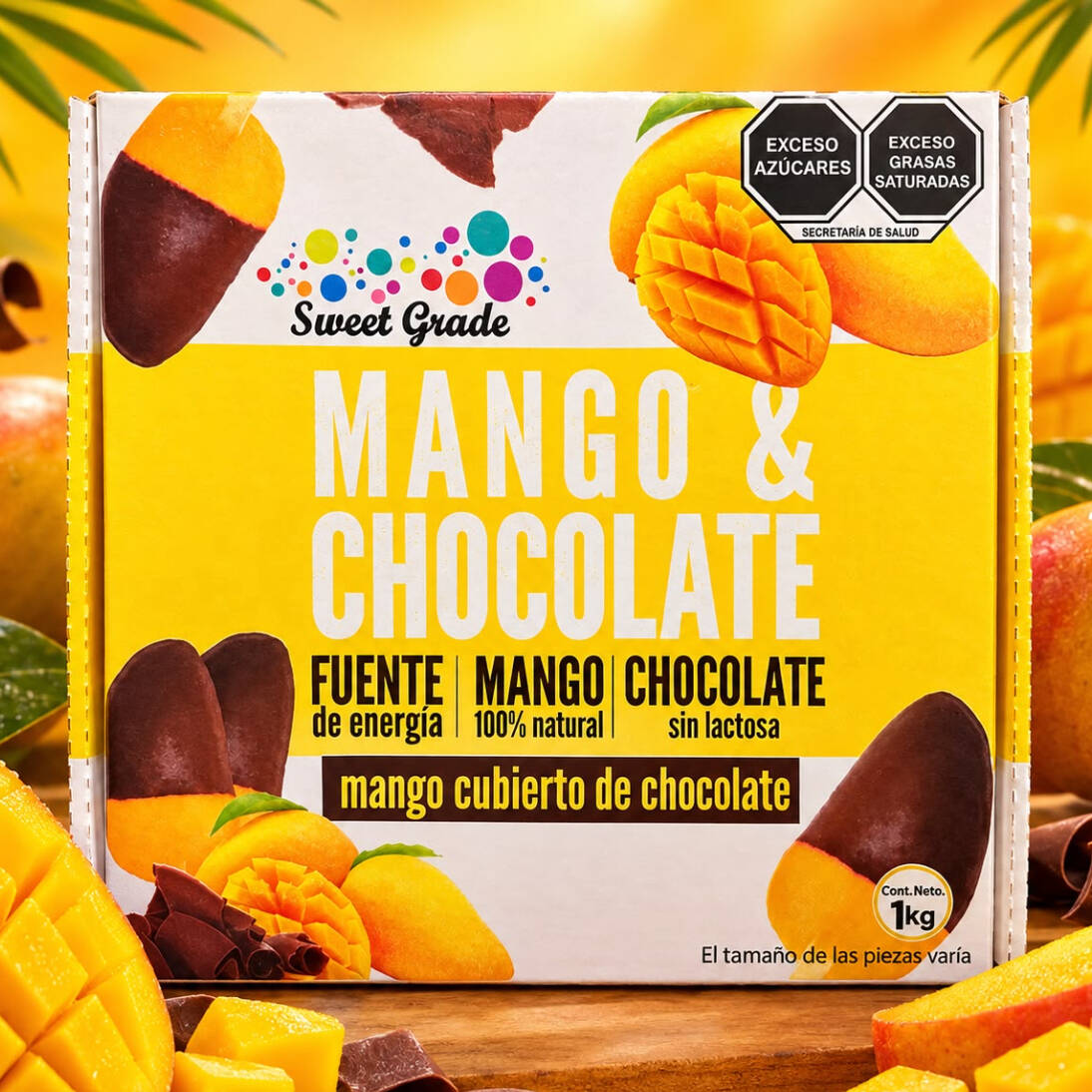 Caja de paletas de mangp cubierto de chocolate