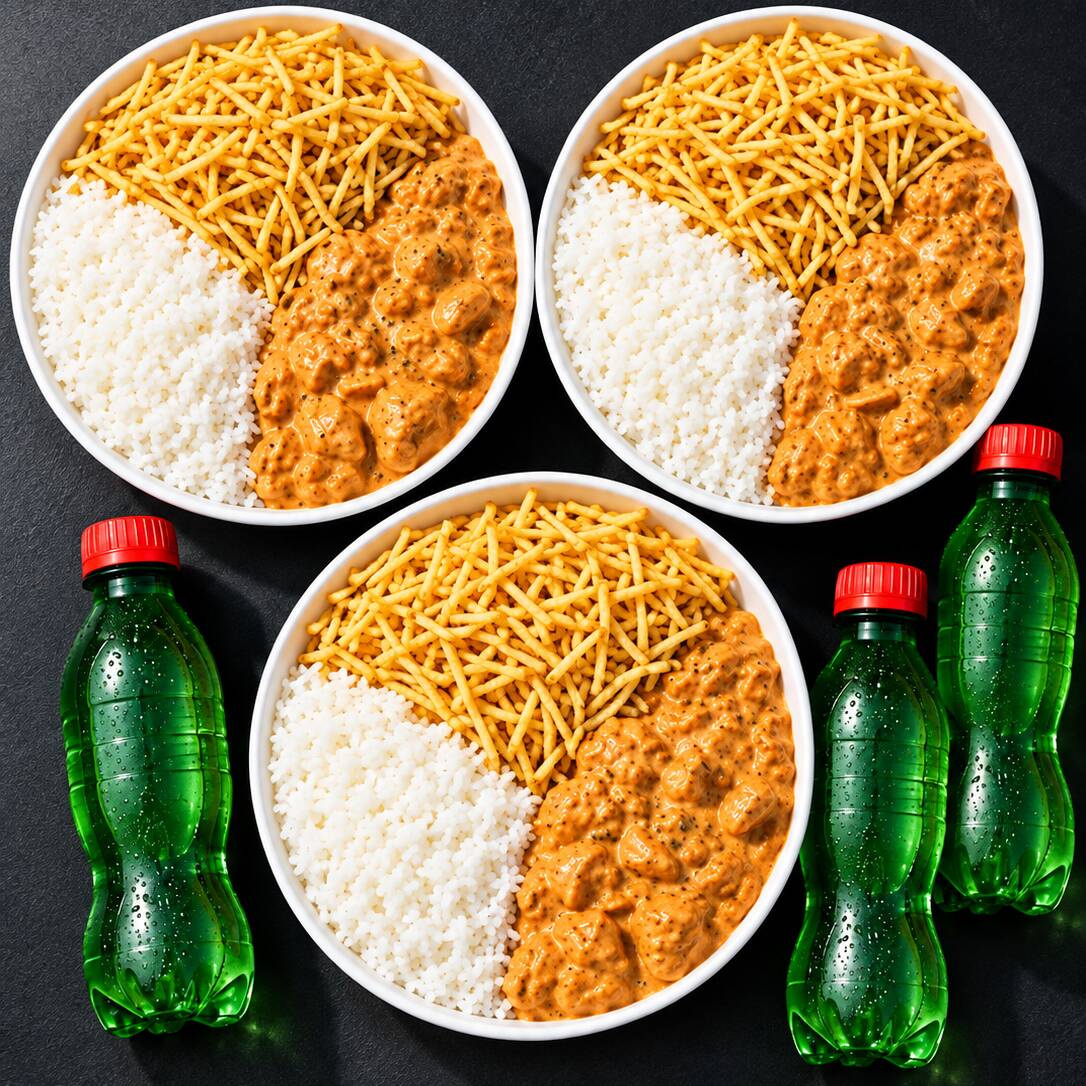 Acompanha: Arroz Branco soltinho, strogonoff de frango completo e batata palha separada + 3 refrigerantes pet 200ml gratis. Marmitas indicada para 3 pessoas