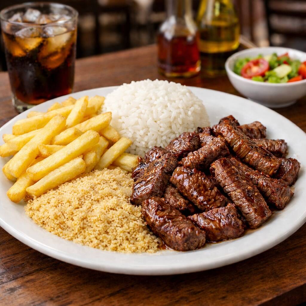 Arroz, batata frita e farofa.