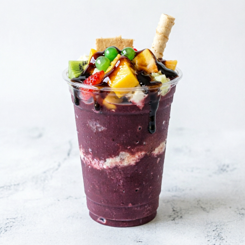 Delicioso açaí com até 6 acompanhamentos, 2 frutas e 2 caldas.