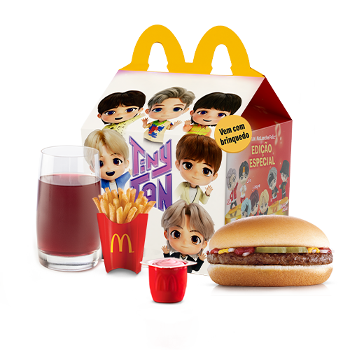 O McLanche Feliz acompanha sanduíche hambúrguer com tomatinho ou McFritas como acompanhamento, uma refrescante bebida e Petit Suisse do Méqui como sobremesa. Brinquedo sujeito a disponibilidade de estoque por restaurante. Confira informações nutricionais