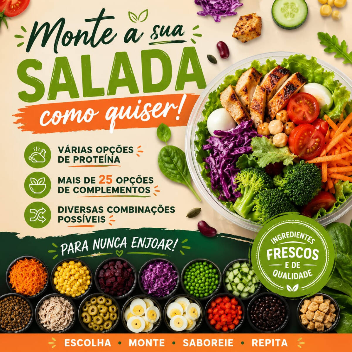 Você escolhe a proteína, as folhas, até 6 complementos e o molho que acompanha a salada. E o melhor é que você pode turbinar a sua sala com itens adicionais.