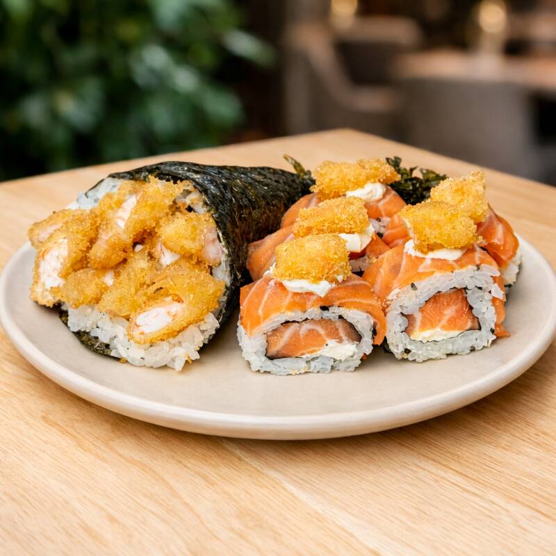 Aproveite 5 uramakis Seiryu, com salmão fresco, cream cheese e cebolinha, além de 1 temaki de camarão empanado, crocante e saboroso. Uma combinação perfeita entre frescor e crocância em cada mordida!