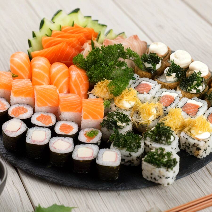 6 sashimis, 2 niguiris de tilápia, 2 gunkans de morango, 2 gunkans de maracujá, 2 gunkans de menta, 5 uramakis filadélfia, 5 uramakis skin, 5 uramakis califórnia, 5 uramakis patê, 4 uramakis de morango, 4 sashimis de tilápia e 6 hot rolls filadélfia.