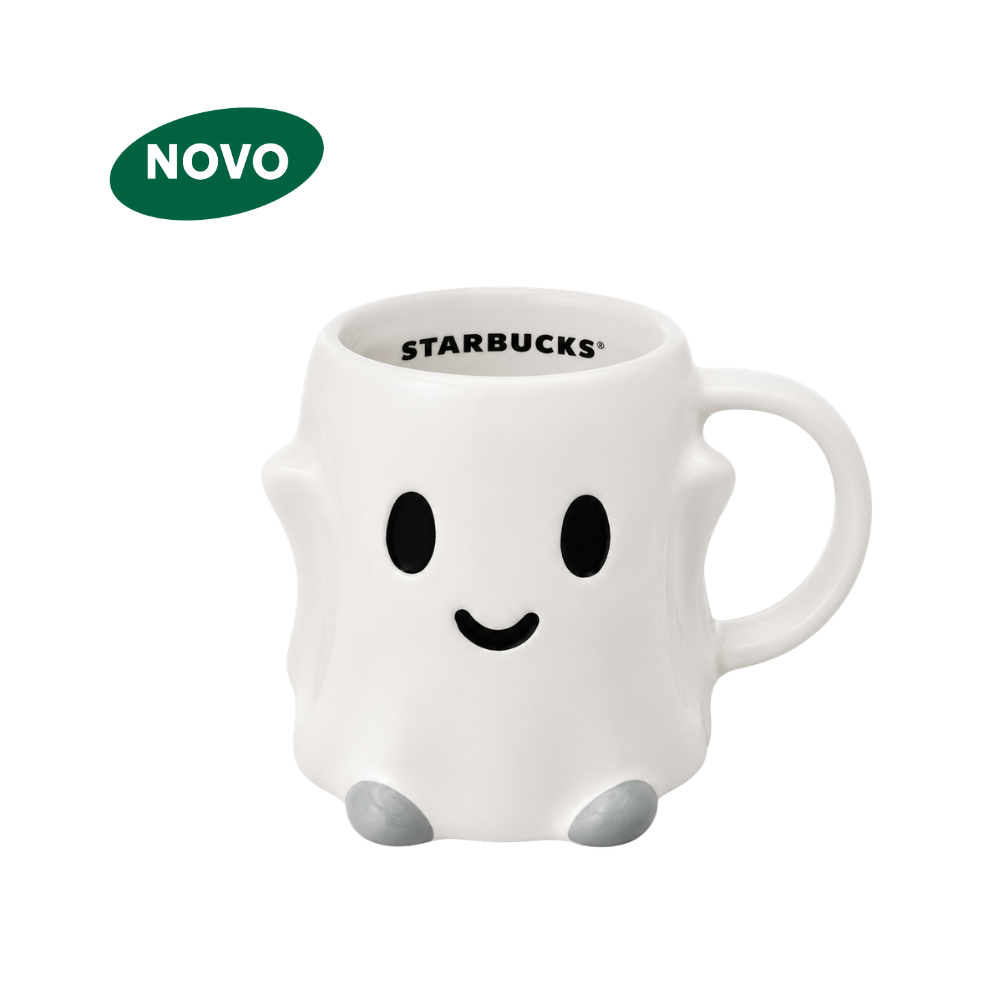 Caneca branca com formato e ilustração divertida de fantasma, interior com logotipo preto da Starbucks, ideal para bebidas quentes ou frias - *produto não térmico*