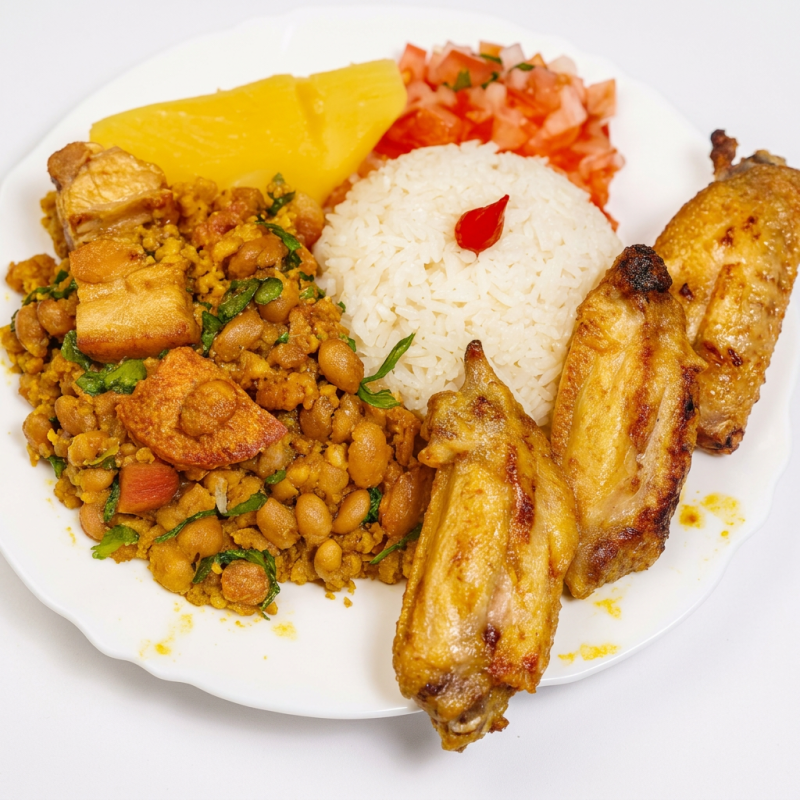 Arroz, Feijão Tropeiro, Espeto, Mandioca, Batata Frita e Vinagrete