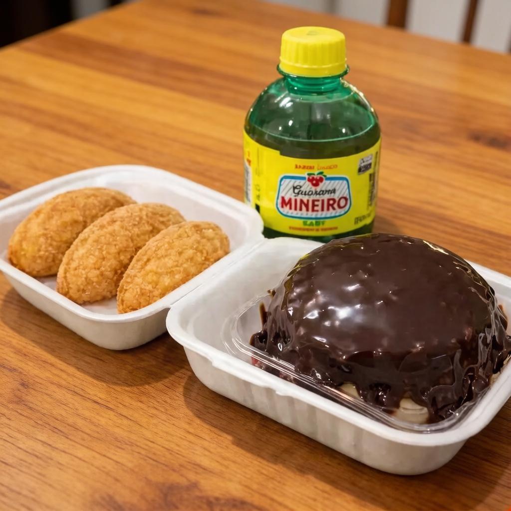 O combo perfeito, com 3 pastelões de carne fritos, 1 bolo vulcão de chocolate 200g e um refri pequeno de 250ml.
