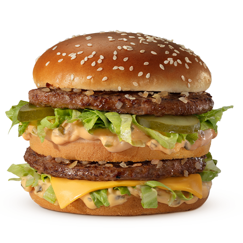 Dois hambúrgueres (100% carne bovina), alface americana, queijo cheddar, maionese Big Mac, cebola, picles e pão com gergelim.