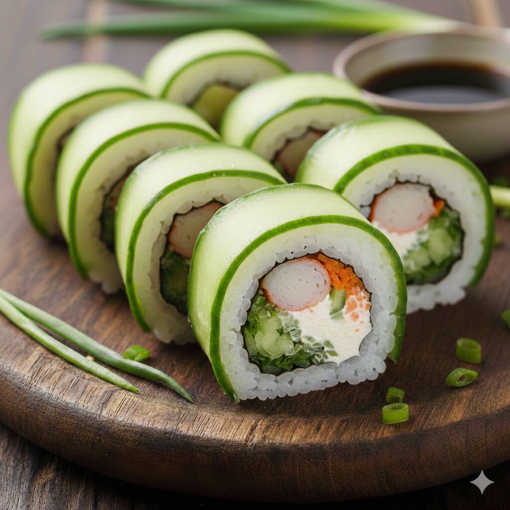 Sushi Pepino Roll con guarniciones.