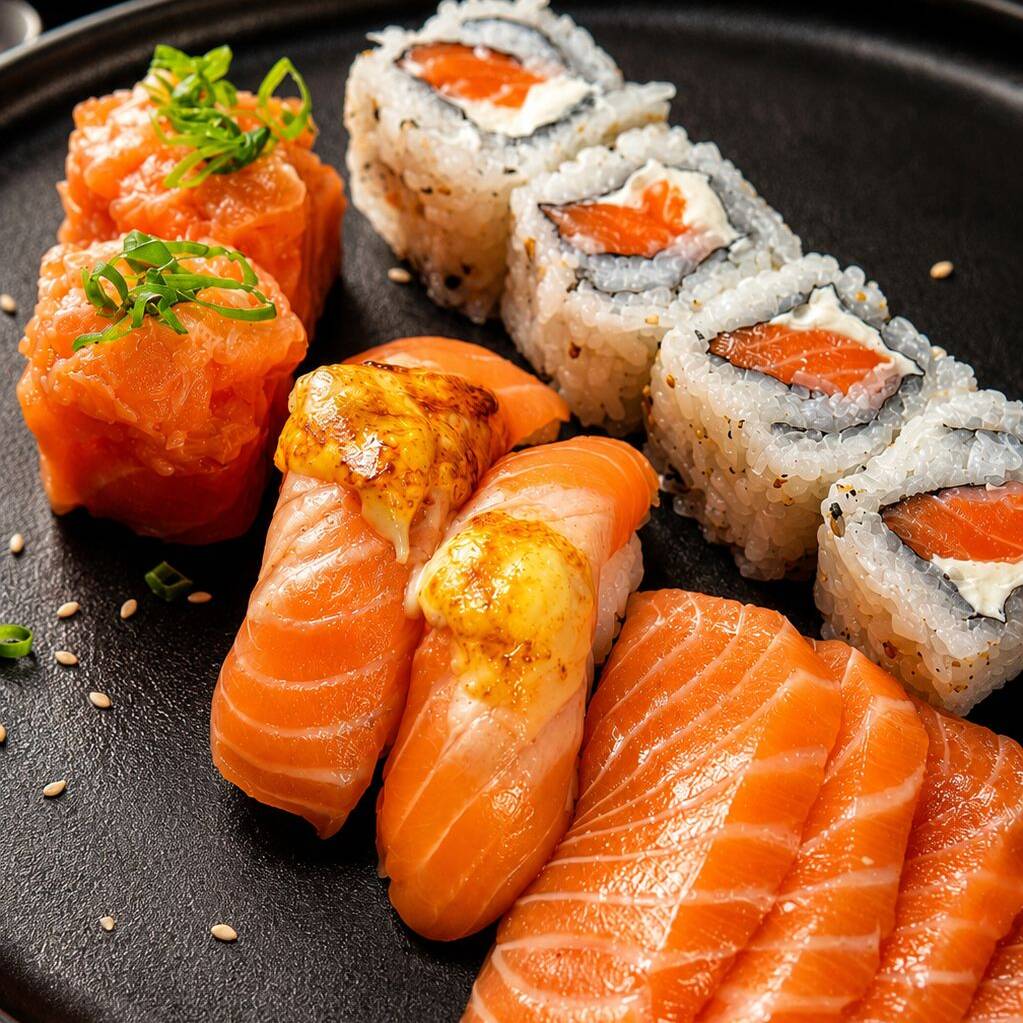 12 peças - 4x sashimi de salmão, 2x niguiri Brulê, 02x Joe natural 04x uramaki Filadelfia .