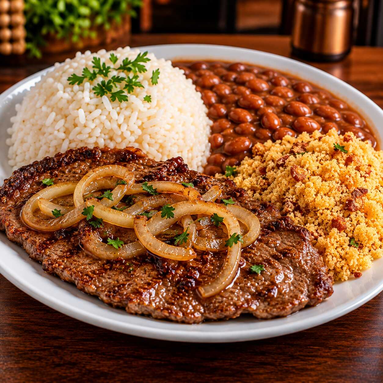 Bife acebolado suculento e bem temperado, acompanhado de arroz branco soltinho, feijão caseiro e farofa crocante. Uma combinação clássica, bem servida e cheia de sabor para deixar seu almoço ainda mais gostoso!