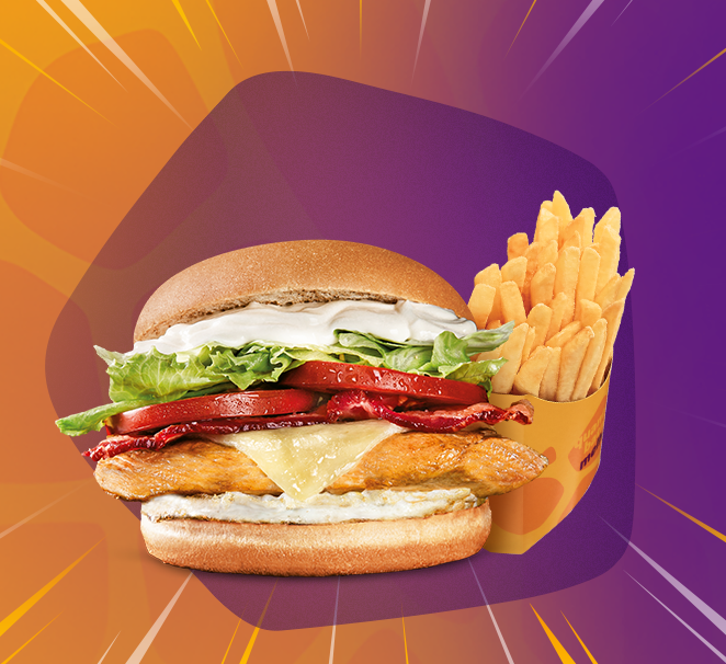Suculento filé de frango temperado (Aprox. 100g in natura), muçarela derretida, alface-americana, tomate, ovo, bacon e maionese e 1 Porção de Fritas Média (aprox. 90g).