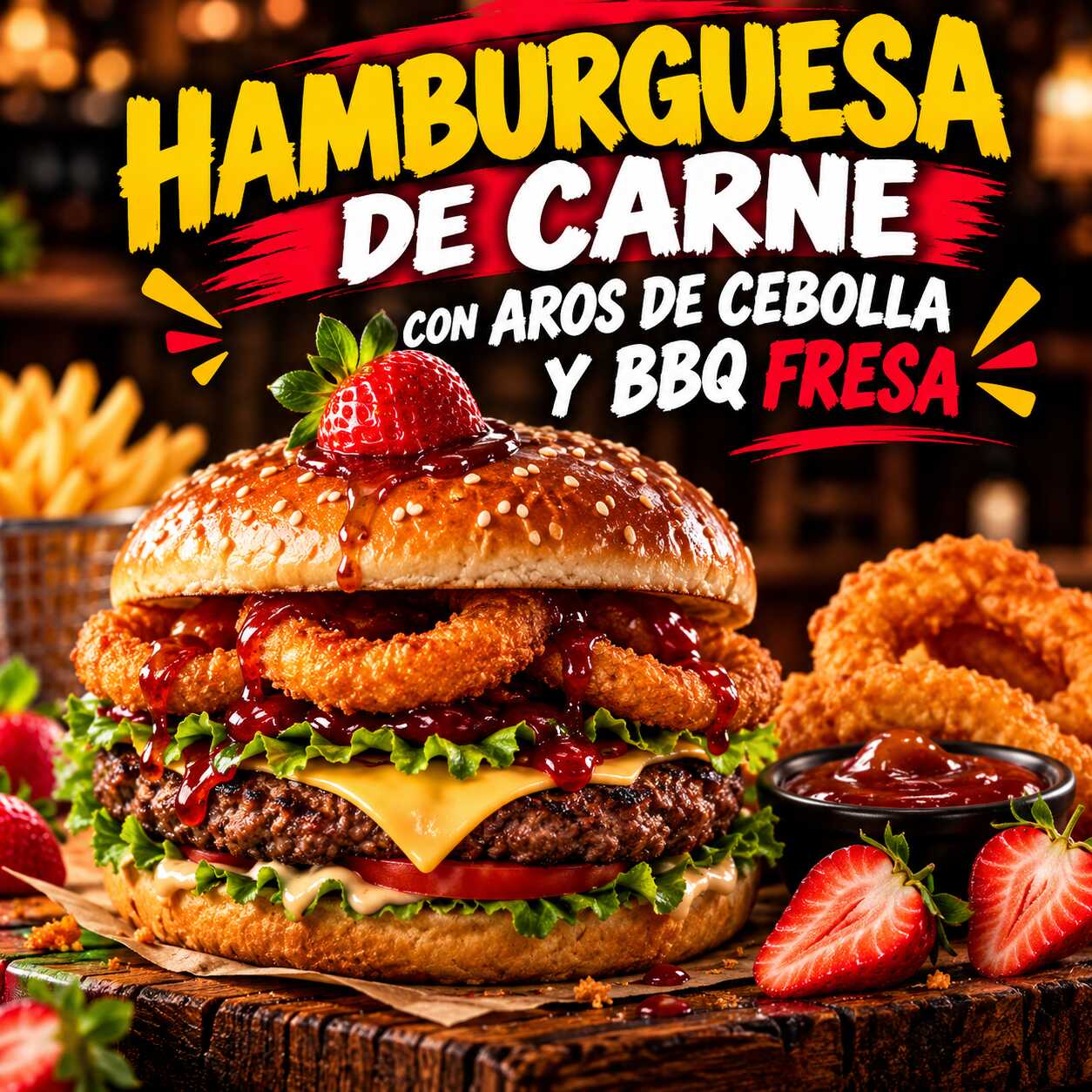Hamburguesa con Aros de Cebolla y BBQ Fresa.