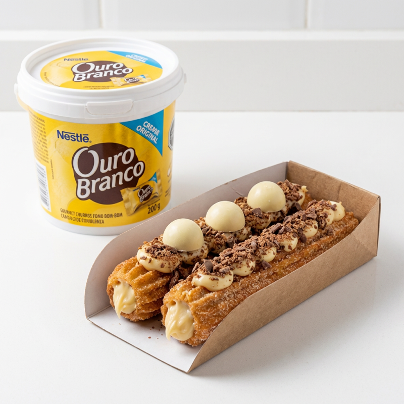 Recheado com creme de bom,bom e cobertura de Ouro Branco.