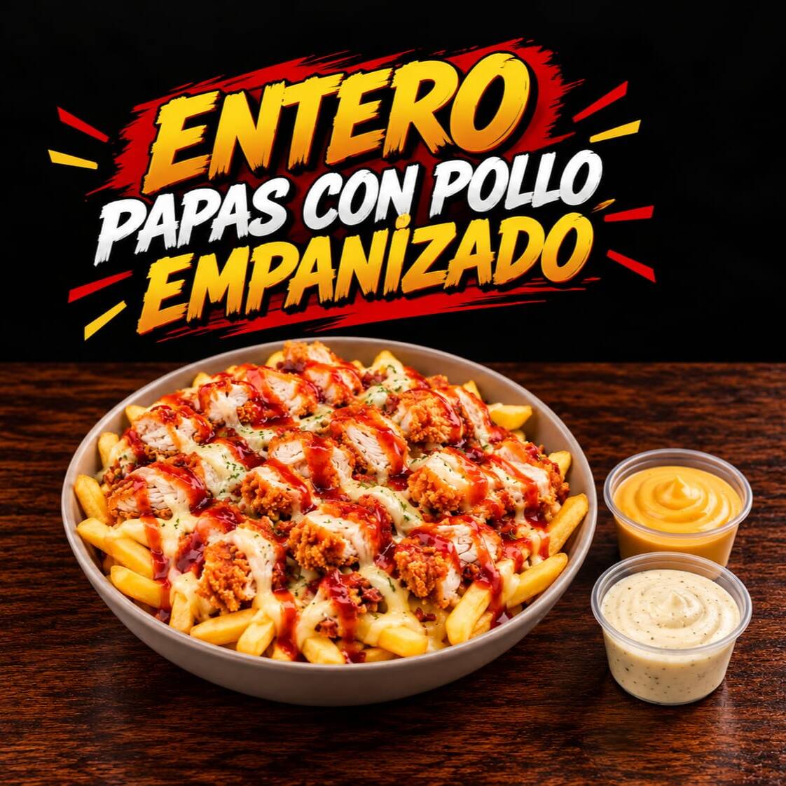 Entero Trozos Pollo Empanizado, Papas y 2 Salsas