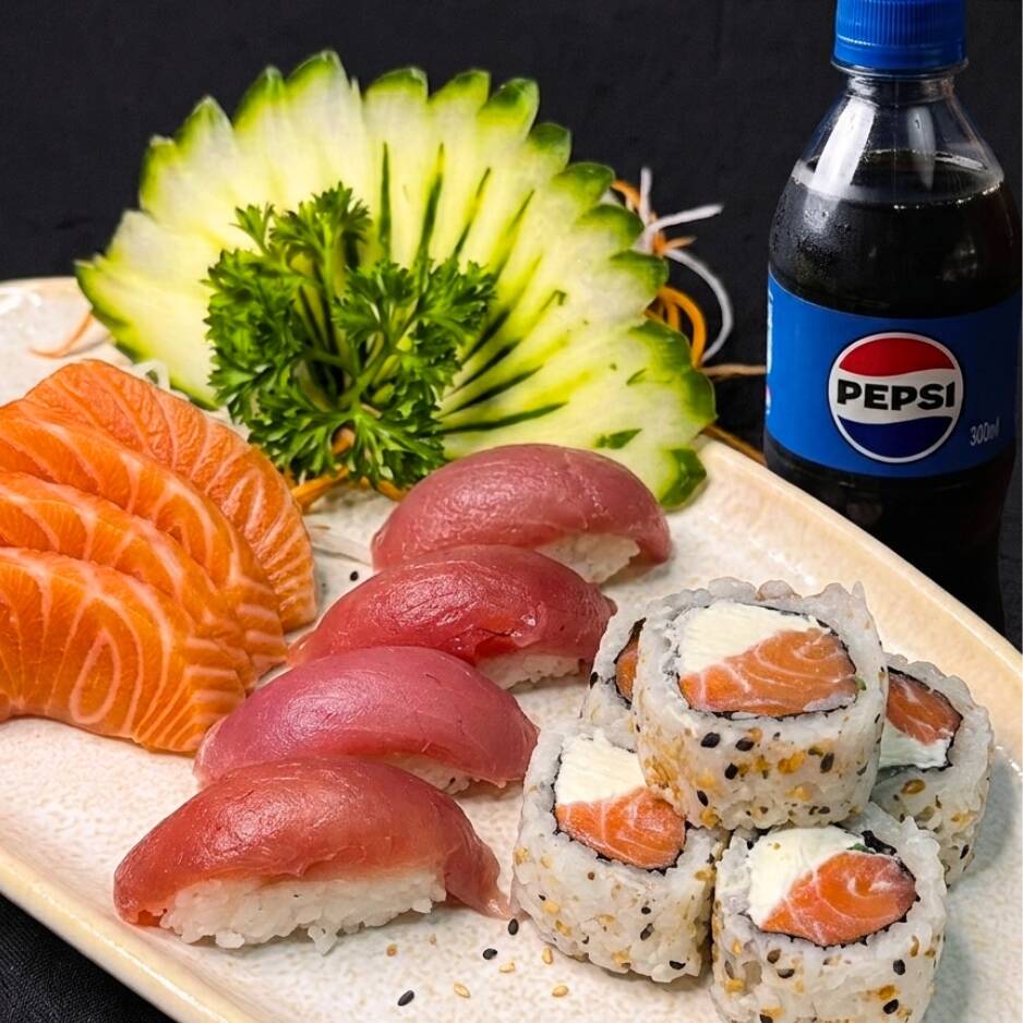 5 sushis a sua escolha, 5 sashimis a sua escolha, 5 makimonos a sua escolha e um refrigerante 200ml