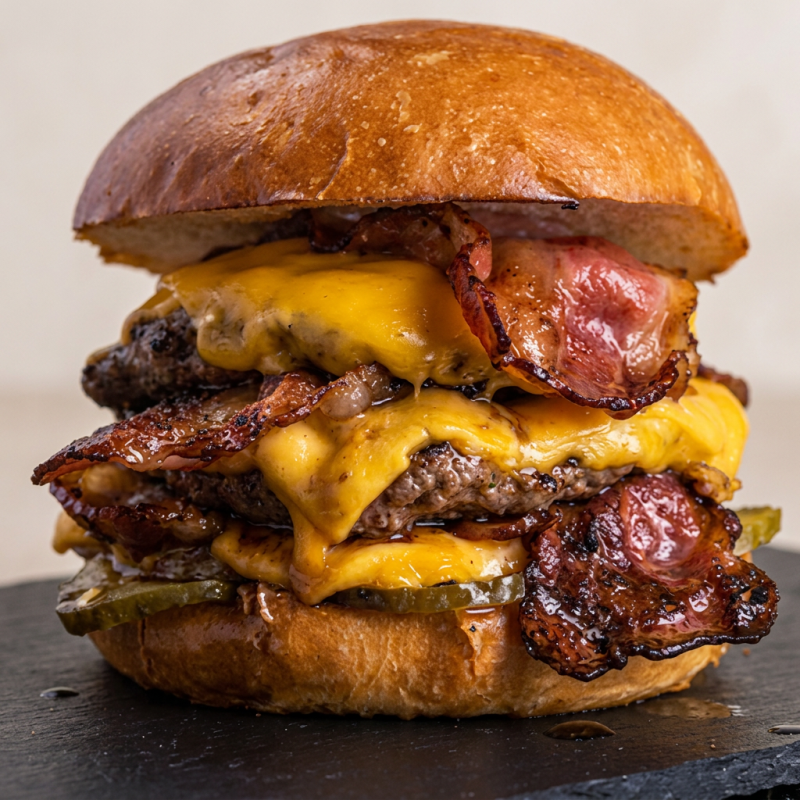 Pão brioche, 2x hambúrguer, 2x bacon, cheddar, queijo mussarela, alface, tomate e molho da casa.